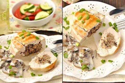 Фаршированная куриная грудка гречкой и шампиньонами, тушёная в сливочном грибном соусе