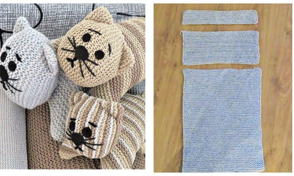 Котоподушка мягкая игрушка вязаная спицами. Подарок своими руками. Soft toy with spokes