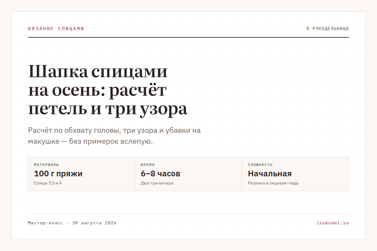 Шапка спицами на осень: расчёт петель и три узора