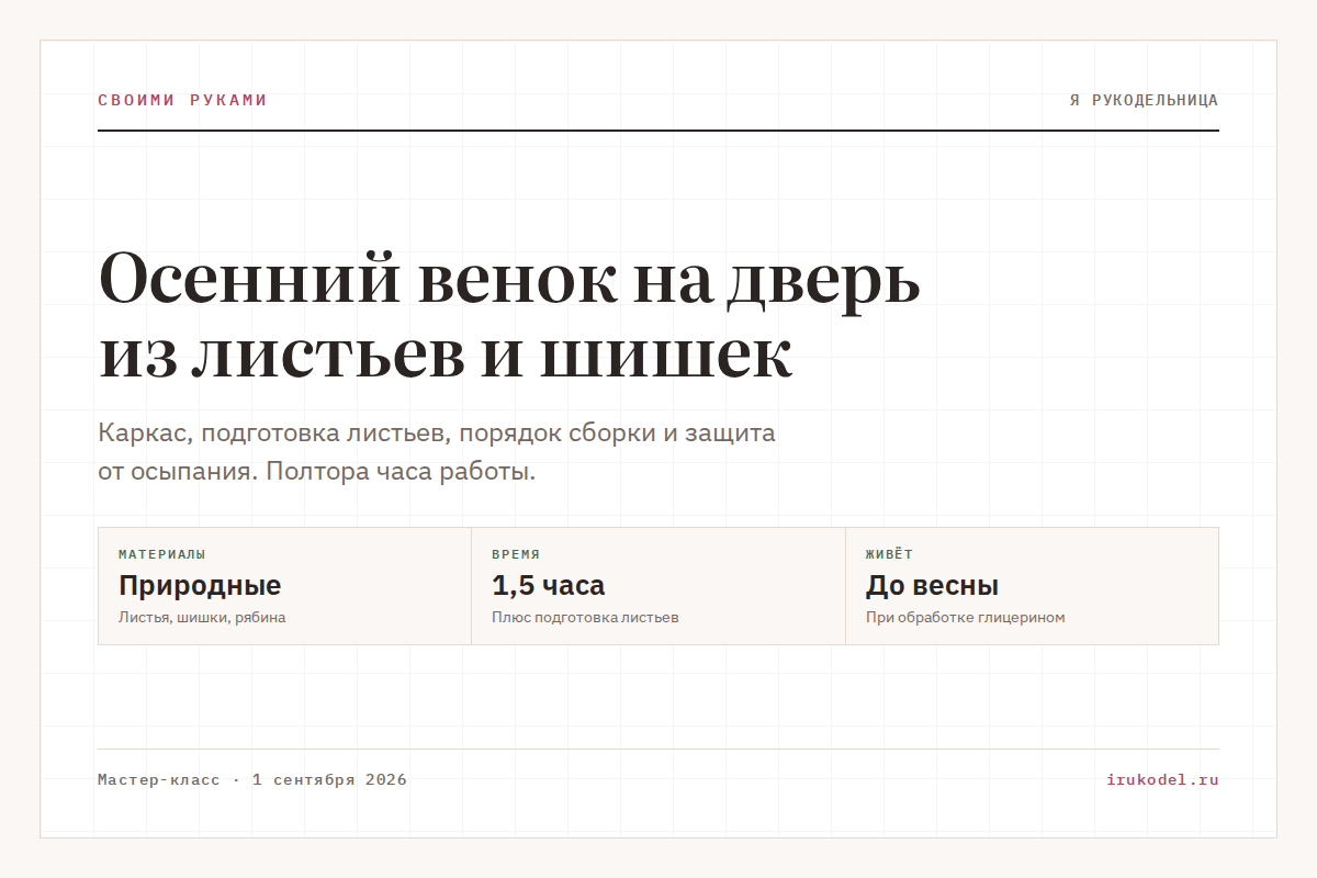 Осенний венок на дверь из листьев и шишек