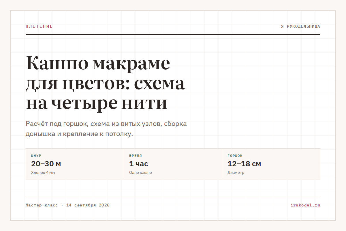 Кашпо макраме для цветов: схема на четыре нити