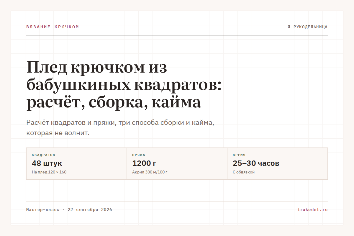 Плед крючком из бабушкиных квадратов: расчёт, сборка, кайма
