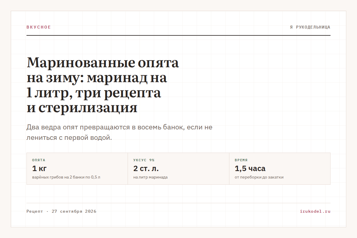 Маринованные опята на зиму: маринад на 1 литр, три рецепта и стерилизация