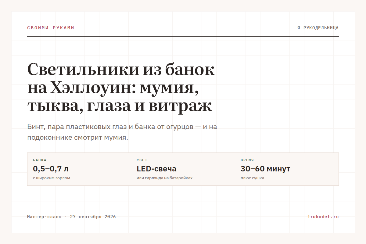 Светильники из банок на Хэллоуин: мумия, тыква, глаза и витраж