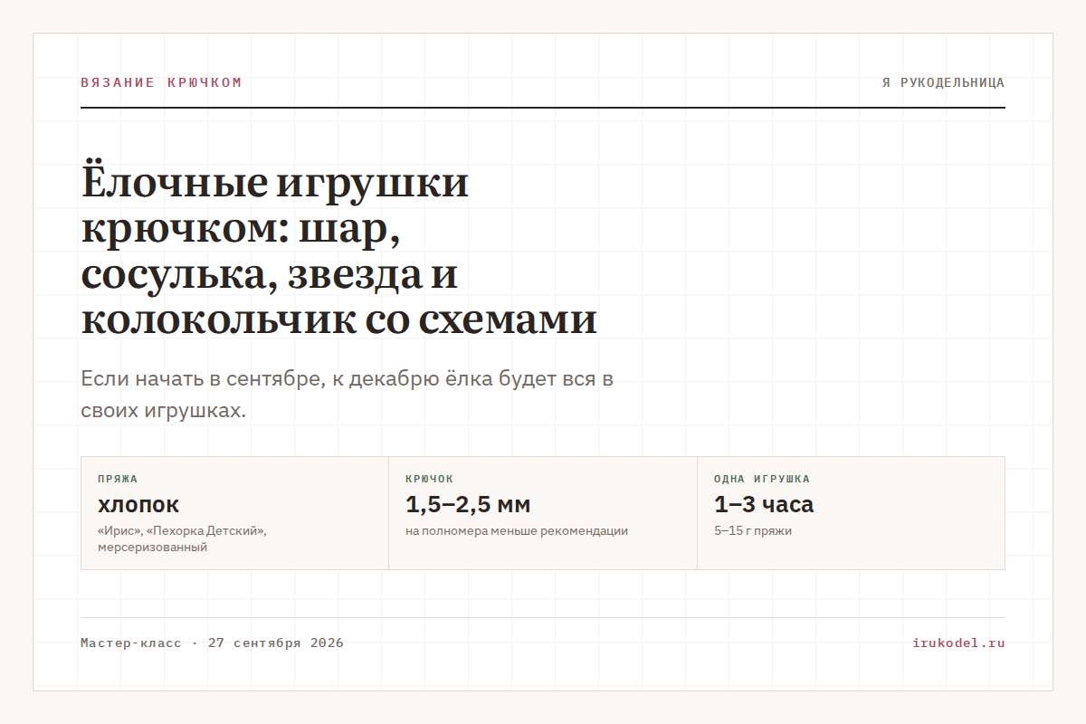 Ёлочные игрушки крючком: шар, сосулька, звезда и колокольчик со схемами