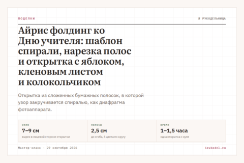 Айрис фолдинг ко Дню учителя: шаблон спирали, нарезка полос и открытка с яблоком, кленовым листом и колокольчиком