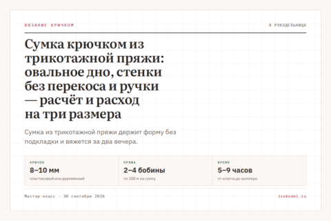 Сумка крючком из трикотажной пряжи: овальное дно, стенки без перекоса и ручки — расчёт и расход на три размера