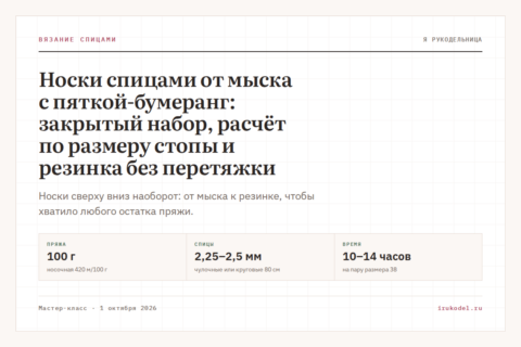 Носки спицами от мыска с пяткой-бумеранг: закрытый набор, расчёт по размеру стопы и резинка без перетяжки
