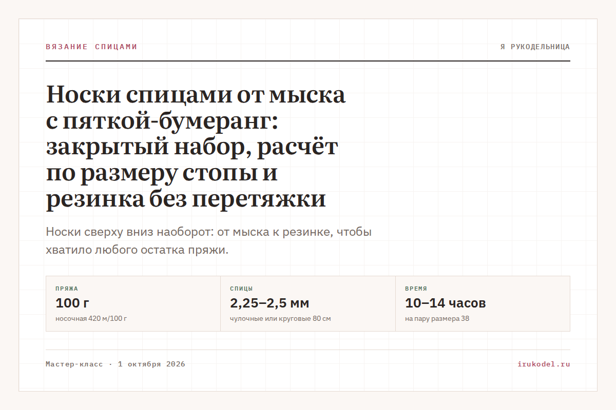 Носки спицами от мыска с пяткой-бумеранг: закрытый набор, расчёт по размеру стопы и резинка без перетяжки