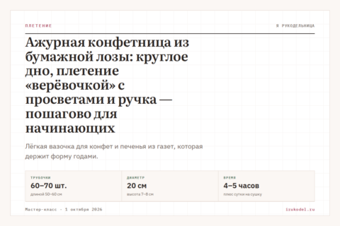 Ажурная конфетница из бумажной лозы: круглое дно, плетение «верёвочкой» с просветами и ручка — пошагово для начинающих
