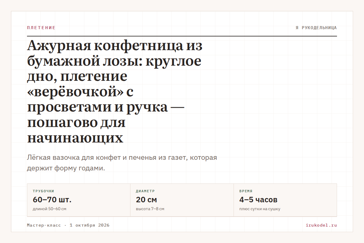 Ажурная конфетница из бумажной лозы: круглое дно, плетение «верёвочкой» с просветами и ручка — пошагово для начинающих