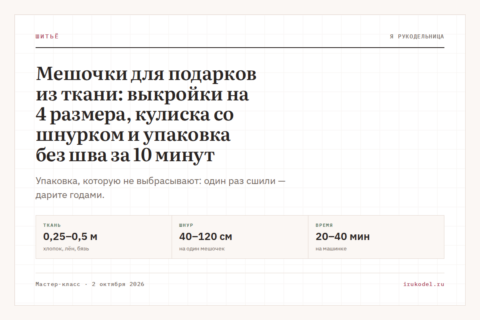 Мешочки для подарков из ткани: выкройки на 4 размера, кулиска со шнурком и упаковка без шва за 10 минут