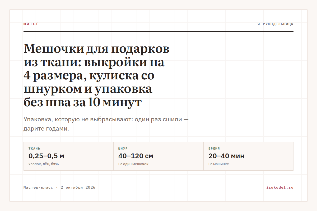 Мешочки для подарков из ткани: выкройки на 4 размера, кулиска со шнурком и упаковка без шва за 10 минут