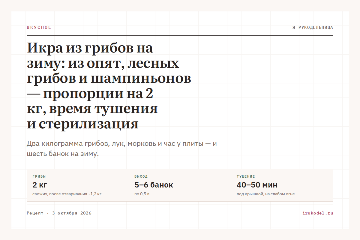 Икра из грибов на зиму: из опят, лесных грибов и шампиньонов — пропорции на 2 кг, время тушения и стерилизация