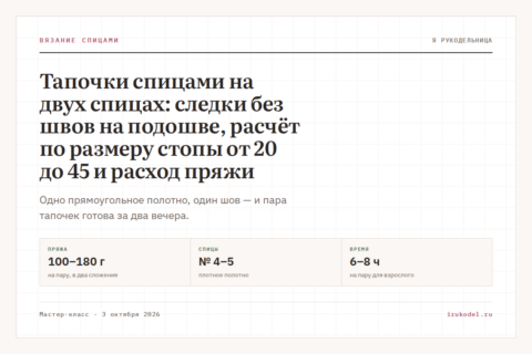 Тапочки спицами на двух спицах: следки без швов на подошве, расчёт по размеру стопы от 20 до 45 и расход пряжи