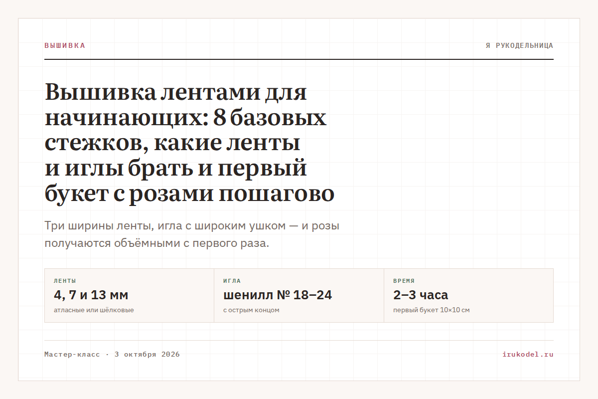 Вышивка лентами для начинающих: 8 базовых стежков, какие ленты и иглы брать и первый букет с розами пошагово