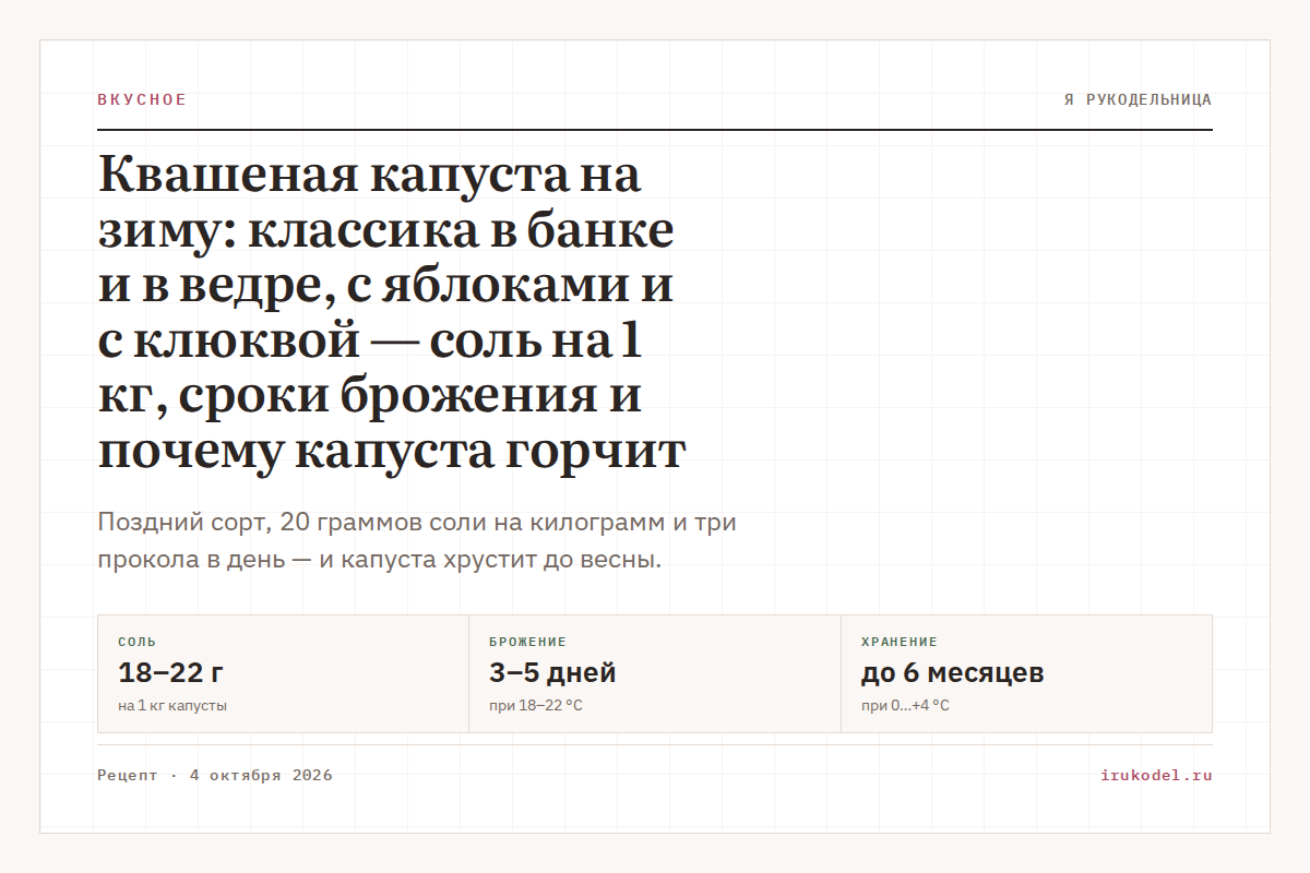 Квашеная капуста на зиму: классика в банке и в ведре, с яблоками и с клюквой — соль на 1 кг, сроки брожения и почему капуста горчит