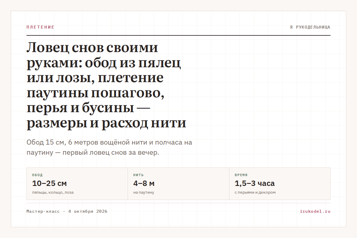 Ловец снов своими руками: обод из пялец или лозы, плетение паутины пошагово, перья и бусины — размеры и расход нити