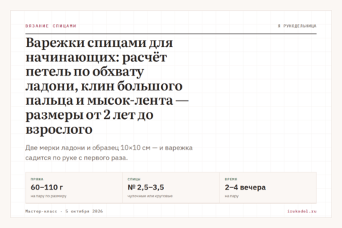 Варежки спицами для начинающих: расчёт петель по обхвату ладони, клин большого пальца и мысок-лента — размеры от 2 лет до взрослого