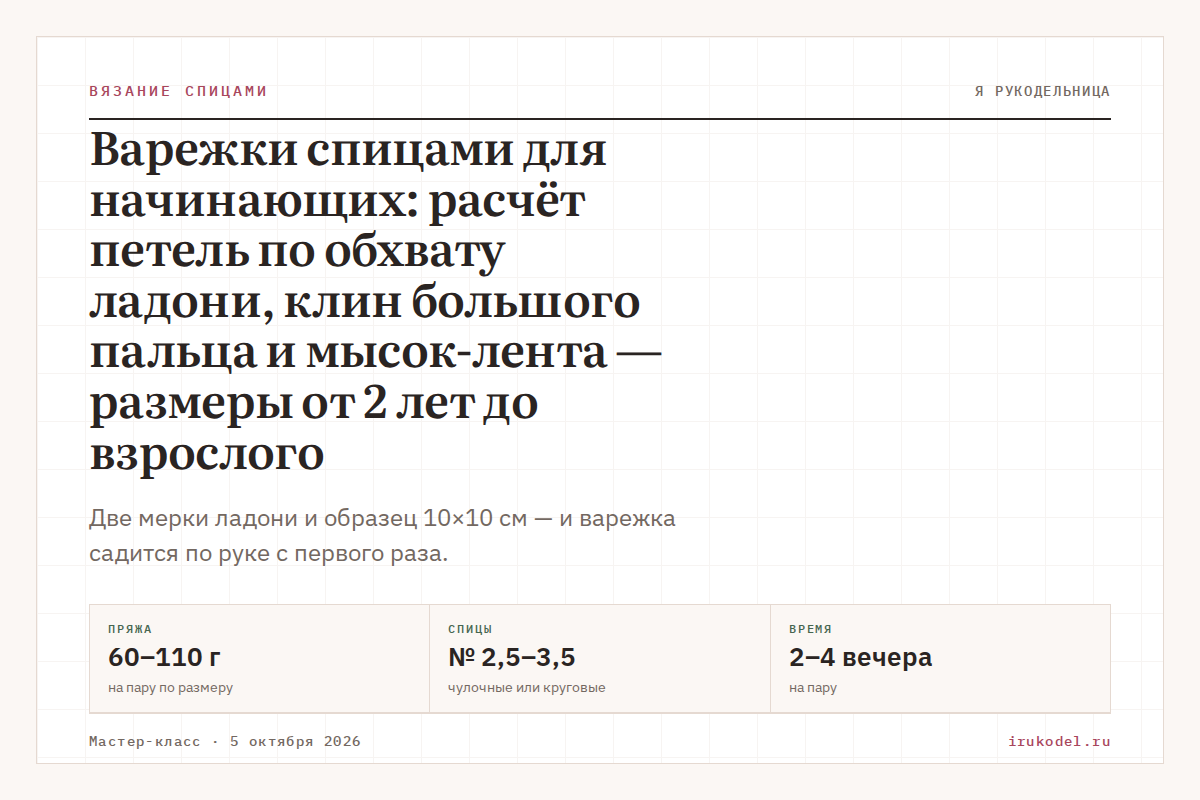 Варежки спицами для начинающих: расчёт петель по обхвату ладони, клин большого пальца и мысок-лента — размеры от 2 лет до взрослого
