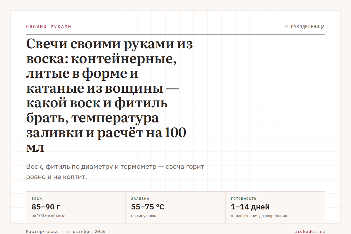 Свечи своими руками из воска: контейнерные, литые в форме и катаные из вощины — какой воск и фитиль брать, температура заливки и расчёт на 100 мл