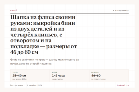 Шапка из флиса своими руками: выкройка бини из двух деталей и из четырёх клиньев, с отворотом и на подкладке — размеры от 46 до 60 см