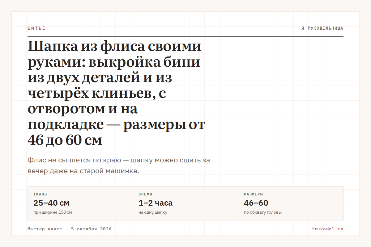 Шапка из флиса своими руками: выкройка бини из двух деталей и из четырёх клиньев, с отворотом и на подкладке — размеры от 46 до 60 см