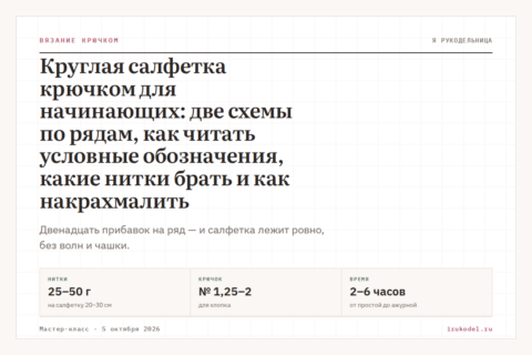 Круглая салфетка крючком для начинающих: две схемы по рядам, как читать условные обозначения, какие нитки брать и как накрахмалить
