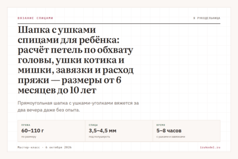 Шапка с ушками спицами для ребёнка: расчёт петель по обхвату головы, ушки котика и мишки, завязки и расход пряжи — размеры от 6 месяцев до 10 лет