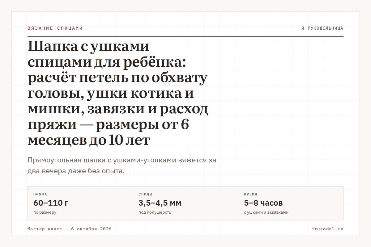 Шапка с ушками спицами для ребёнка: расчёт петель по обхвату головы, ушки котика и мишки, завязки и расход пряжи — размеры от 6 месяцев до 10 лет