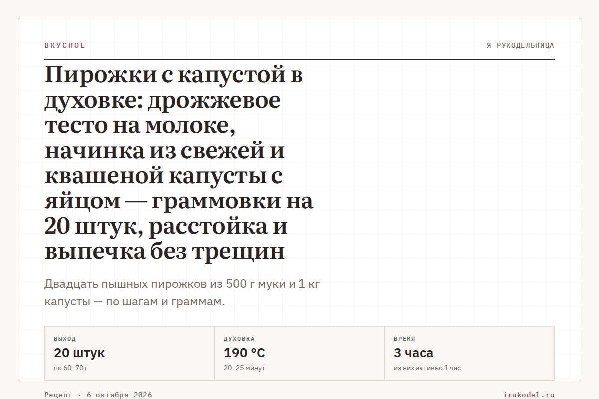 Пирожки с капустой в духовке: дрожжевое тесто на молоке, начинка из свежей и квашеной капусты с яйцом — граммовки на 20 штук, расстойка и выпечка без трещин