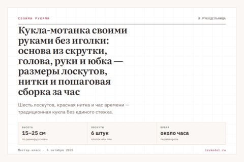 Кукла-мотанка своими руками без иголки: основа из скрутки, голова, руки и юбка — размеры лоскутов, нитки и пошаговая сборка за час