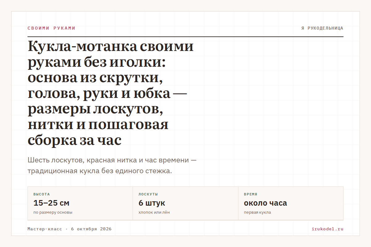 Кукла-мотанка своими руками без иголки: основа из скрутки, голова, руки и юбка — размеры лоскутов, нитки и пошаговая сборка за час