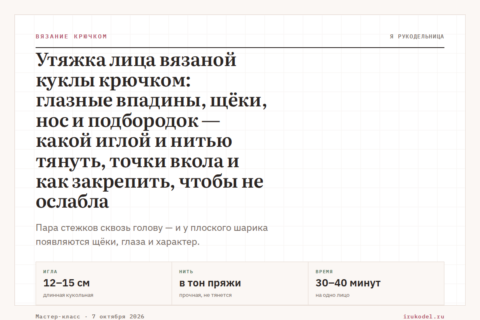 Утяжка лица вязаной куклы крючком: глазные впадины, щёки, нос и подбородок — какой иглой и нитью тянуть, точки вкола и как закрепить, чтобы не ослабла