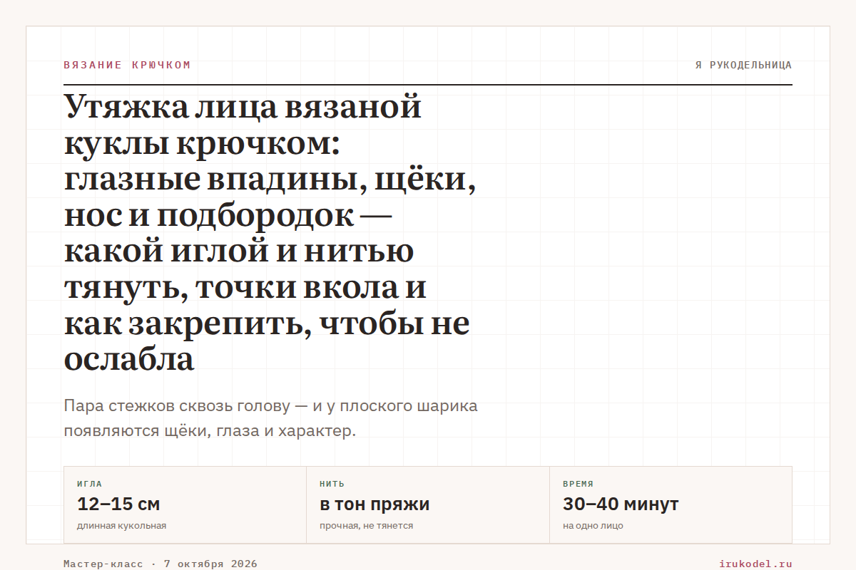 Утяжка лица вязаной куклы крючком: глазные впадины, щёки, нос и подбородок — какой иглой и нитью тянуть, точки вкола и как закрепить, чтобы не ослабла