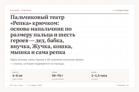 Пальчиковый театр «Репка» крючком: основа-напальчник по размеру пальца и шесть героев — дед, бабка, внучка, Жучка, кошка, мышка и сама репка