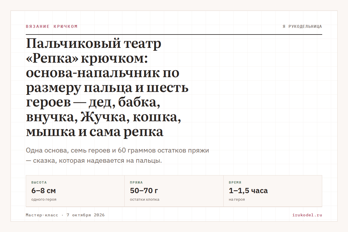 Пальчиковый театр «Репка» крючком: основа-напальчник по размеру пальца и шесть героев — дед, бабка, внучка, Жучка, кошка, мышка и сама репка