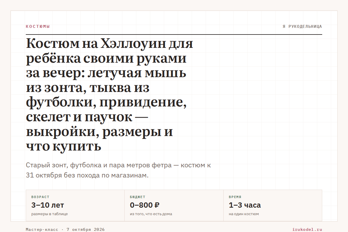 Костюм на Хэллоуин для ребёнка своими руками за вечер: летучая мышь из зонта, тыква из футболки, привидение, скелет и паучок — выкройки, размеры и что купить