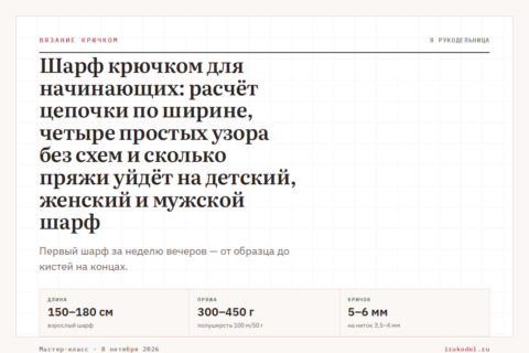 Шарф крючком для начинающих: расчёт цепочки по ширине, четыре простых узора без схем и сколько пряжи уйдёт на детский, женский и мужской шарф