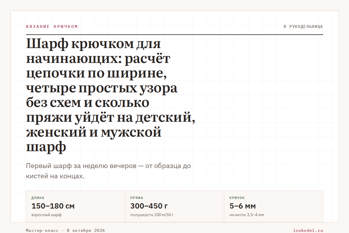 Шарф крючком для начинающих: расчёт цепочки по ширине, четыре простых узора без схем и сколько пряжи уйдёт на детский, женский и мужской шарф