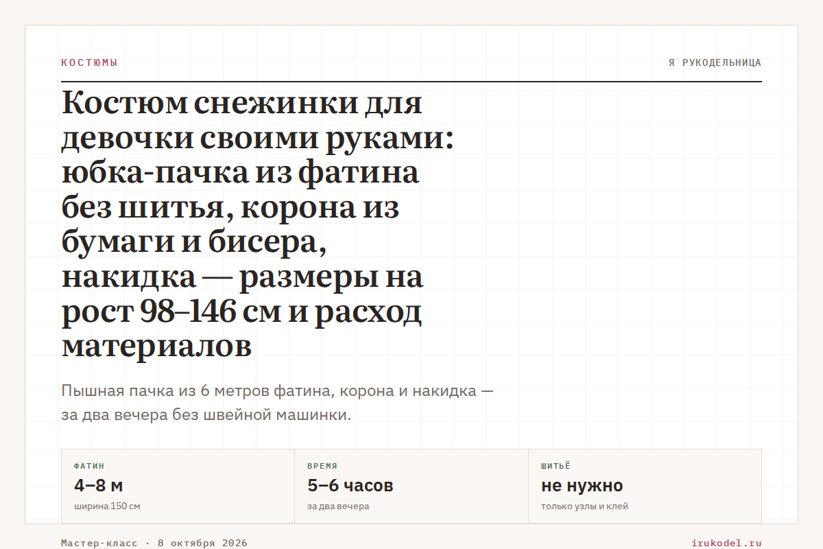 Костюм снежинки для девочки своими руками: юбка-пачка из фатина без шитья, корона из бумаги и бисера, накидка — размеры на рост 98–146 см и расход материалов