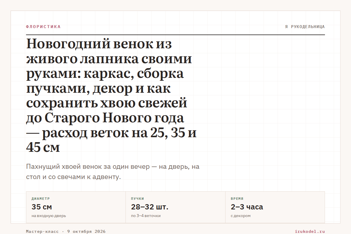 Новогодний венок из живого лапника своими руками: каркас, сборка пучками, декор и как сохранить хвою свежей до Старого Нового года — расход веток на 25, 35 и 45 см