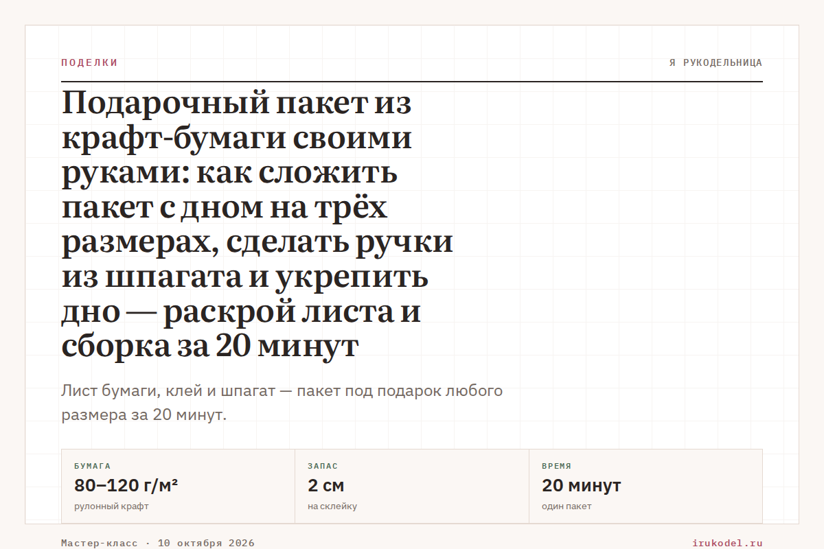 Подарочный пакет из крафт-бумаги своими руками: как сложить пакет с дном на трёх размерах, сделать ручки из шпагата и укрепить дно — раскрой листа и сборка за 20 минут
