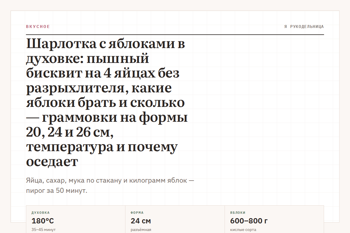 Шарлотка с яблоками в духовке: пышный бисквит на 4 яйцах без разрыхлителя, какие яблоки брать и сколько — граммовки на формы 20, 24 и 26 см, температура и почему оседает