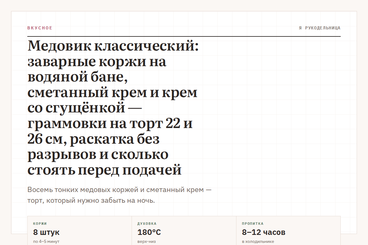 Медовик классический: заварные коржи на водяной бане, сметанный крем и крем со сгущёнкой — граммовки на торт 22 и 26 см, раскатка без разрывов и сколько стоять перед подачей