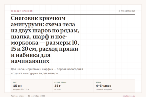 Снеговик крючком амигуруми: схема тела из двух шаров по рядам, шапка, шарф и нос-морковка — размеры 10, 15 и 20 см, расход пряжи и набивка для начинающих