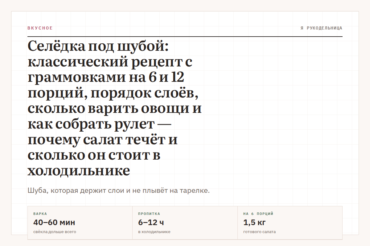 Селёдка под шубой: классический рецепт с граммовками на 6 и 12 порций, порядок слоёв, сколько варить овощи и как собрать рулет — почему салат течёт и сколько он стоит в холодильнике