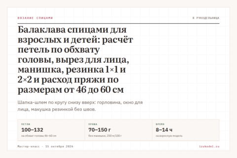 Балаклава спицами для взрослых и детей: расчёт петель по обхвату головы, вырез для лица, манишка, резинка 1×1 и 2×2 и расход пряжи по размерам от 46 до 60 см