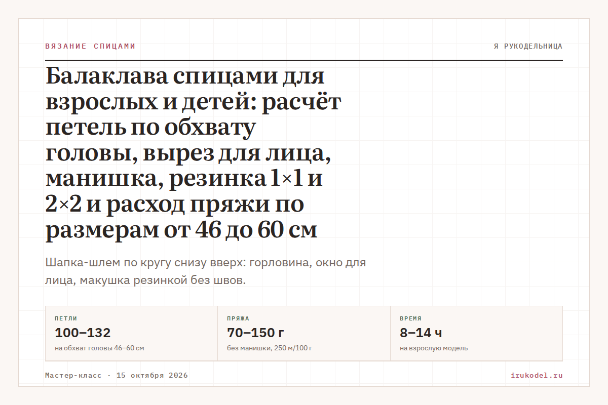 Балаклава спицами для взрослых и детей: расчёт петель по обхвату головы, вырез для лица, манишка, резинка 1×1 и 2×2 и расход пряжи по размерам от 46 до 60 см