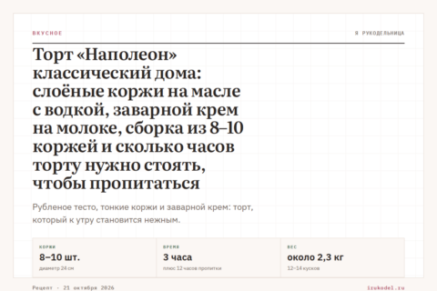 Торт «Наполеон» классический дома: слоёные коржи на масле с водкой, заварной крем на молоке, сборка из 8–10 коржей и сколько часов торту нужно стоять, чтобы пропитаться